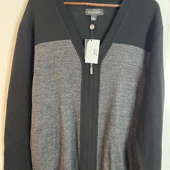 Kenneth Roberts Platinum Merino Wool Mens Cardigan Sweater Black/Gray L - Picture 1 of 14